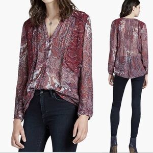 Lucky Brand Red Paisley Blouse Long Sleeve Boho Sheer Button Women’s Medium